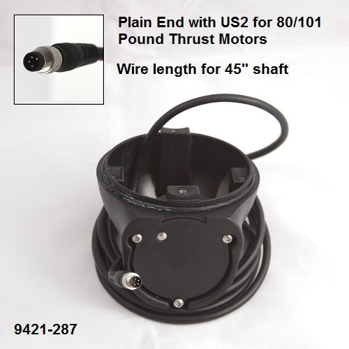 Minn Kota PLN END HSG/TRNDCR ASY 4.0 | 80LB THRUST | 45" | TRANSDUCER P/N: 9421-287 showing a coiled black cable with a circular black housing and a connector plug designed for 80 to 101-pound thrust motors with a 45-inch shaft length.