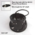 Minn Kota PLN END HSG/TRNDCR ASY 4.0 | 80LB THRUST | 45" | TRANSDUCER P/N: 9421-287 showing a coiled black cable with a circular black housing and a connector plug designed for 80 to 101-pound thrust motors with a 45-inch shaft length.