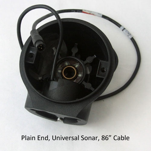 Minn Kota PLN END HSG/TRNSDCR ASY 4(N/A) P/N: 92-400-171 black cylindrical sonar transducer housing with attached cable and connector for fishing tackle and marine electronics.