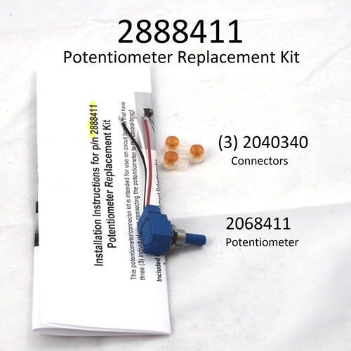 MInn Kota Potentiometer/3M Connector Kit PN: 2888411 featuring a blue potentiometer, three small orange connectors, and printed installation instructions on a white background.