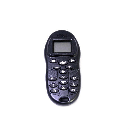 Minn Kota REMOTE ASY, i-PILOT 1.5 V2/TRV P/N: 2994170 is a compact black remote control with multiple buttons and a small digital screen designed for marine electronics use in fishing applications.