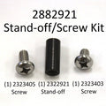 Minn Kota STAND-OFF/SCREW KIT, TERROVA P/N:2882921 showing two metal screws and one black cylindrical stand-off piece for fishing tackle or marine electronics assembly.