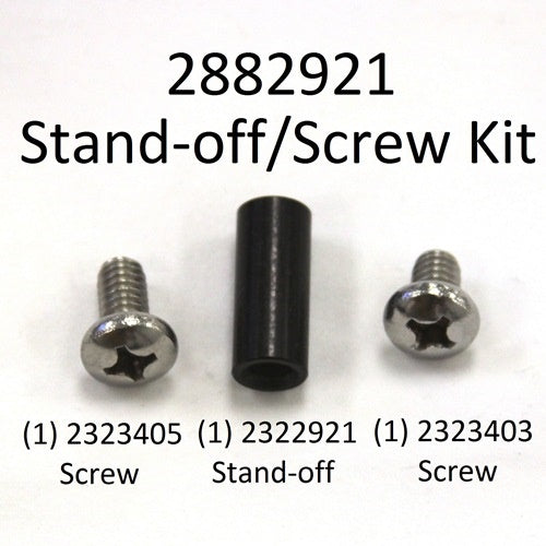 Minn Kota STAND-OFF/SCREW KIT, TERROVA P/N:2882921 showing two metal screws and one black cylindrical stand-off piece for fishing tackle or marine electronics assembly.