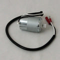 Minn Kota STEERING MOTOR ASSEMBLY 24V P/N: 2777020 showing a compact silver motor with attached black cable and red and white wire connectors designed for marine electronics steering control.