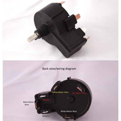 Back and side views of a black electrical switch component with labeled motor and battery wire connections, Minn Kota SWITCH,5 SPD FORWARD,3 REVERSE P/N: 2064028.