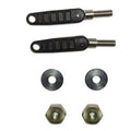 Two black tension handle brackets with threaded metal ends, accompanied by two round washers and two hex nuts, shown on a white background for fishing tackle assembly, Minn Kota TENSION HNDL/BRKT NUT KT(N/A) P/N: 2770922.