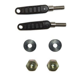 Two black tension handle brackets with threaded metal ends, accompanied by two round washers and two hex nuts, shown on a white background for fishing tackle assembly, Minn Kota TENSION HNDL/BRKT NUT KT(N/A) P/N: 2770922.