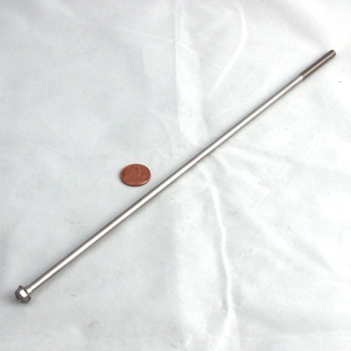 Minn Kota THRU BOLT 12-24 X11.56 SS P/N: 830-096 is a stainless steel bolt, slim and elongated with a rounded head, shown next to a penny for size comparison.