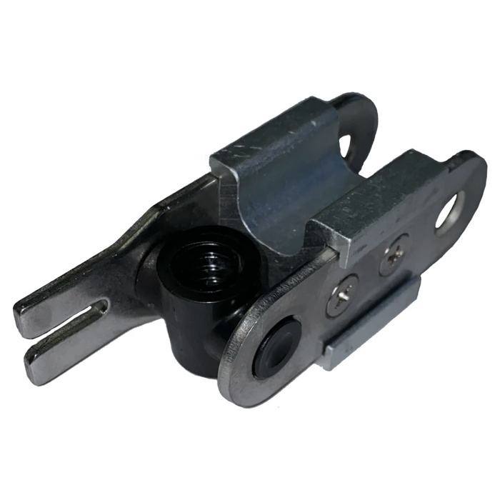 Minn Kota TILT BRCKT ASM(EXT BRIDGE)(~) P/N: 2773625 is a durable metal bracket assembly designed for tilt adjustment, featuring multiple mounting holes and a black cylindrical pivot component.
