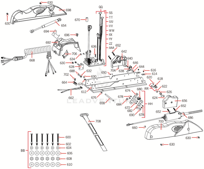 Technical diagram showing labeled parts and assembly components for Minn Kota TILT BRCKT ASM(EXT BRIDGE)(~) P/N: 2773625 with detailed hardware and structural elements for fishing tackle installation.