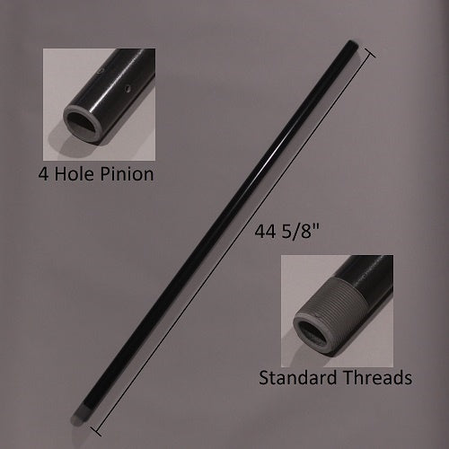 Image showing a long, black fishing rod tube with labeled dimensions of 44 5/8 inches, featuring a close-up of a 4 hole pinion and standard threads, Minn Kota TUBE COMP 42" (44.625") P/N: 2032003.