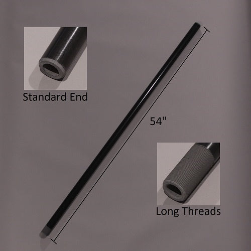Minn Kota TUBE COMPOSITE 54" PD/AP'2001 P/N:2032076 fishing rod tube in black composite material, showing both standard end and long threaded end details for secure attachment.
