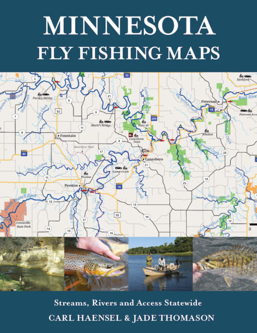 Cover of Minnesota Fly Fishing Maps book showing a detailed fishing map with streams and rivers, images of anglers, fish, and fishing access points across the state.