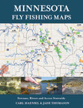 Cover of Minnesota Fly Fishing Maps book showing a detailed fishing map with streams and rivers, images of anglers, fish, and fishing access points across the state.