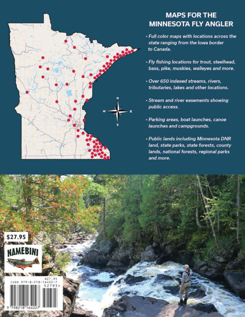 Back cover of Minnesota Fly Fishing Maps showing a detailed map of Minnesota with fishing locations marked, key features of the maps listed, and a photo of an angler fishing a forested river, emphasizing fishing tackle and outdoor access.