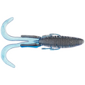 Missile Baits Baby D Stroyer fishing lure in blue and black with ribbed body and twin curled tail designed for realistic movement in water to attract fish.