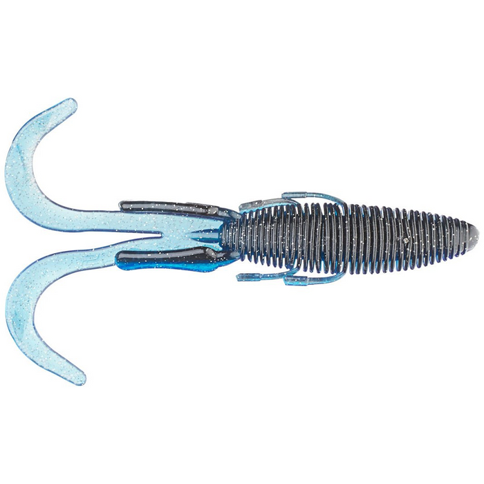 Missile Baits Baby D Stroyer fishing lure in blue and black with ribbed body and twin curled tail designed for realistic movement in water to attract fish.