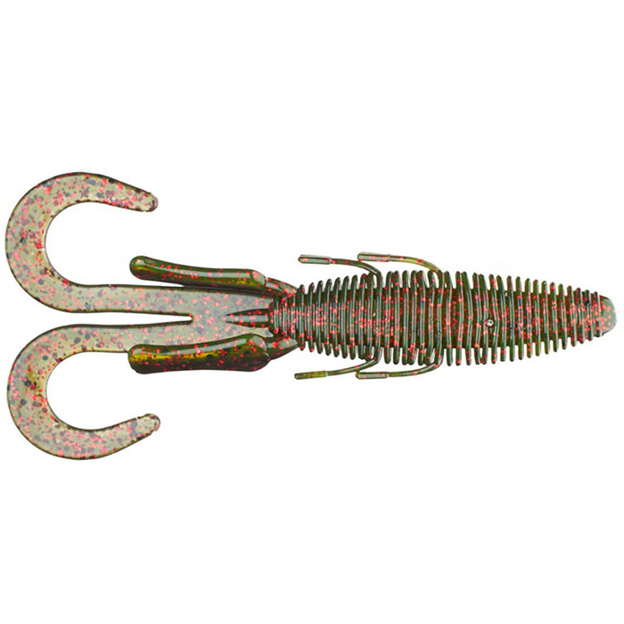 Soft plastic fishing lure in green with red and pink flecks, featuring twin curled tails and ribbed body, designed for musky fishing, named Missile Baits Baby D Stroyer.