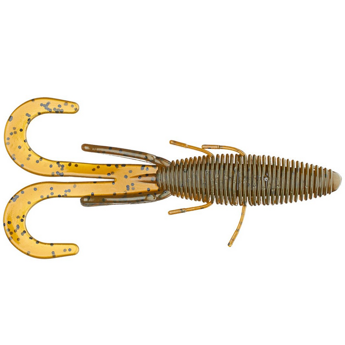 Soft plastic fishing lure with a ribbed body and two curled tail appendages in translucent brown and yellow speckled color, designed as Missile Baits Baby D Stroyer for fishing tackle use.