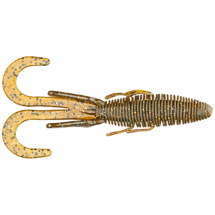Soft plastic fishing lure with ribbed body, twin curled tails, and appendages in amber color with speckled pattern, designed for musky fishing, called Missile Baits Baby D Stroyer.