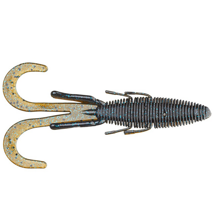 Soft plastic fishing lure with a ribbed black and brown body and two curled tail appendages, designed as the Missile Baits Baby D Stroyer for fishing tackle.