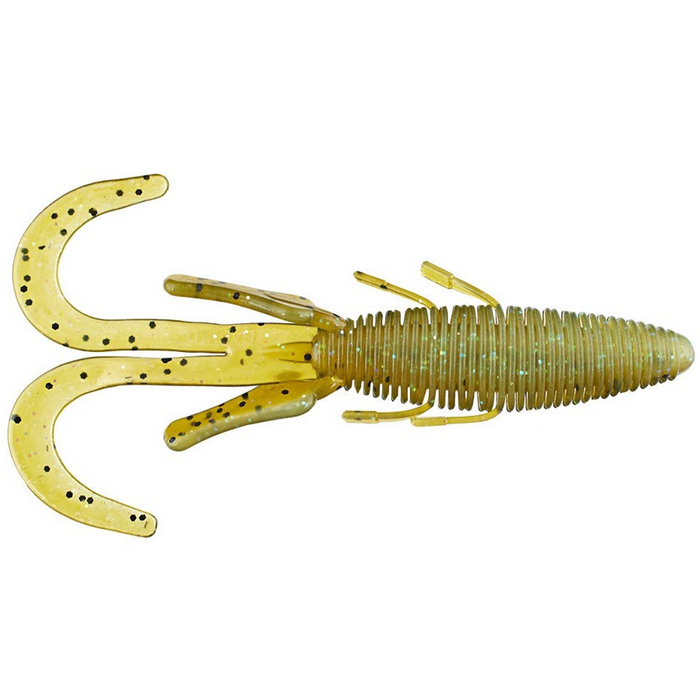 Missile Baits Baby D Stroyer soft plastic fishing lure in translucent yellow-green with black speckles, designed for musky fishing and enhanced water movement.