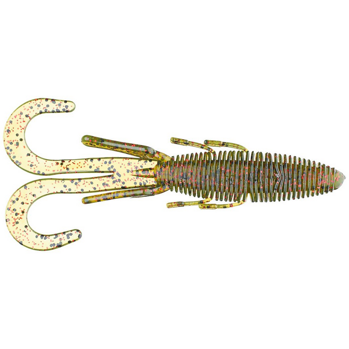 Soft plastic fishing lure with ribbed body and twin curled tails in translucent beige with red and black speckles, designed as Missile Baits Baby D Stroyer for fishing tackle.