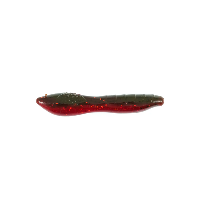 Soft plastic fishing lure in dark green and red with orange flecks, designed for targeting musky, shown as the Missile Baits Bomba for fishing tackle.