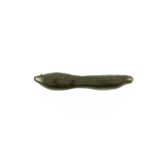 Missile Baits Bomba soft plastic fishing lure in olive green with subtle black speckles, designed for musky fishing with a streamlined, segmented body.