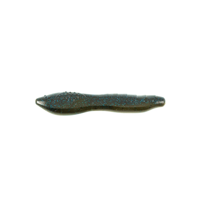 Soft plastic fishing lure in dark color with blue glitter accents designed for musky fishing, identified as Missile Baits Bomba, used as part of fishing tackle.