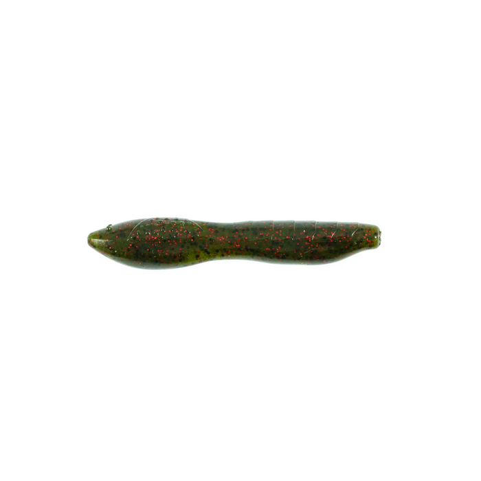 Missile Baits Bomba soft plastic fishing lure in green with red flecks, designed for musky fishing, shown on a white background for clear detail.