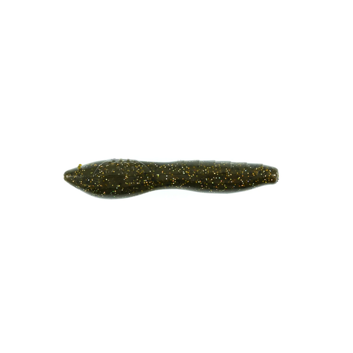 Missile Baits Bomba soft fishing lure in dark green with gold speckles, designed for freshwater fishing tackle to attract musky and other game fish.