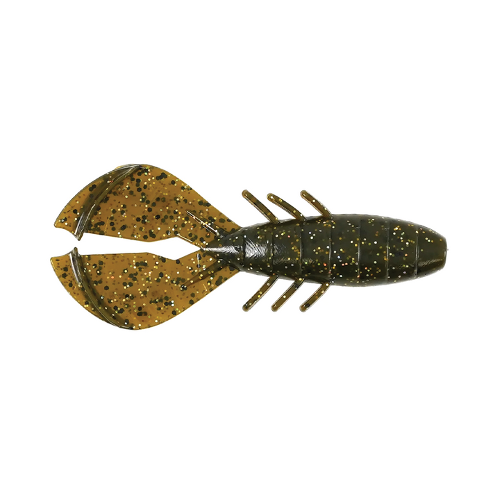 Missile Baits Chunky D fishing lure designed to mimic a crawfish with dark green and brown body featuring glitter flecks, ideal for musky and bass fishing tackle.