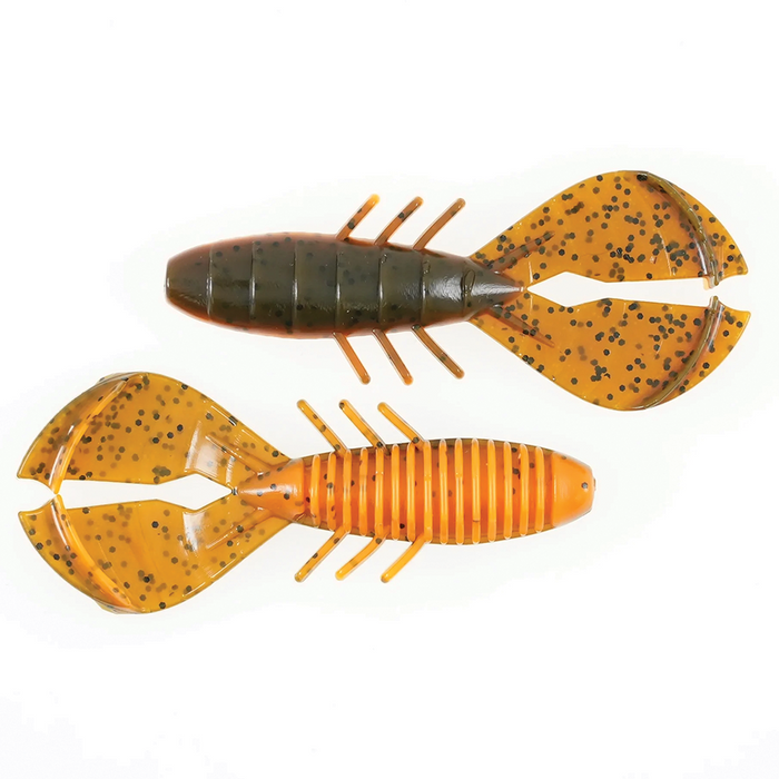 Two soft plastic fishing lures designed to imitate crawfish, one in dark green and the other in orange with black specks, labeled as Missile Baits Chunky D.
