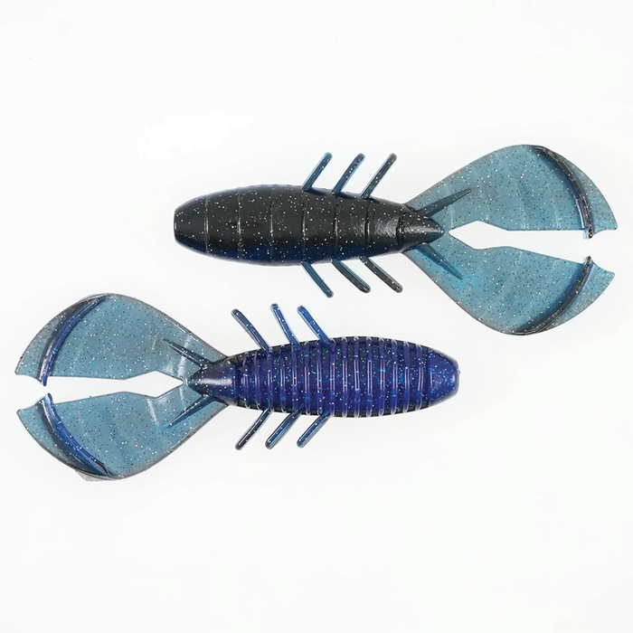 Two soft plastic fishing lures in black and blue with large blue claws and segmented bodies, designed as Missile Baits Chunky D for fishing tackle.