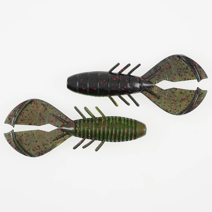 Two soft plastic fishing lures shaped like crawfish with segmented bodies and large pincers, labeled as Missile Baits Chunky D, designed for freshwater fishing tackle.