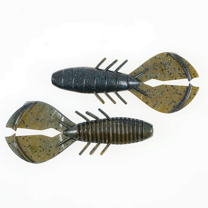 Two soft plastic fishing lures designed to imitate crawfish with segmented bodies and large paddle tails, labeled as Missile Baits Chunky D, in dark green and black with blue speckles.