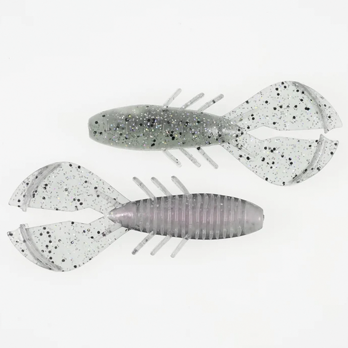 Two translucent gray fishing lures with black speckles, segmented bodies, multiple small legs, and twin claw-like tails, identified as Missile Baits Chunky D.