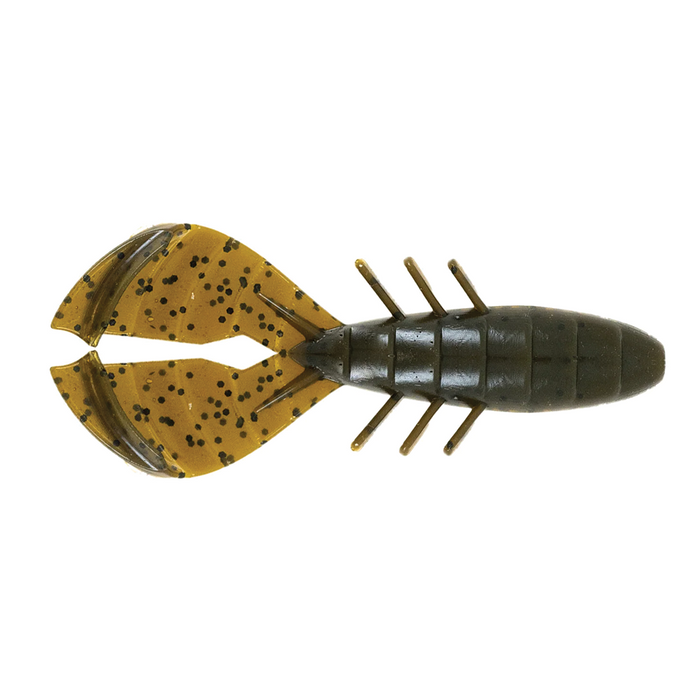 Missile Baits Chunky D artificial fishing lure designed to resemble a crawfish with segmented dark green body and translucent brown pincers with black speckles, ideal for fishing tackle.