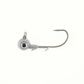 Single silver fishing jig head with a black eye detail and sharp hook, part of the Missile Baits Eye Roll Jig Head (2 Pack) for fishing tackle and lure setups.