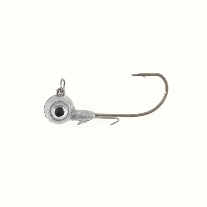 Single silver fishing jig head with a black eye detail and sharp hook, part of the Missile Baits Eye Roll Jig Head (2 Pack) for fishing tackle and lure setups.