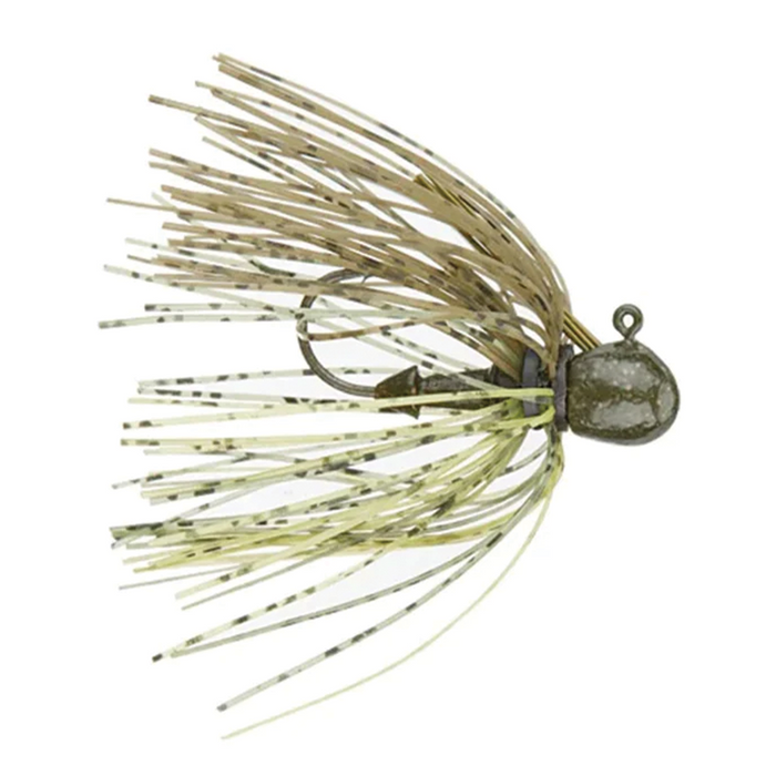 Missile Baits Ike's Micro Jig featuring a detailed, soft skirt in natural colors with a compact jig head and a sharp hook designed for precise fishing tackle use.