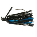 Missile Baits Ike's Monster Jig fishing lure with black and blue skirt strands and a sharp hook, designed for musky fishing tackle enthusiasts.