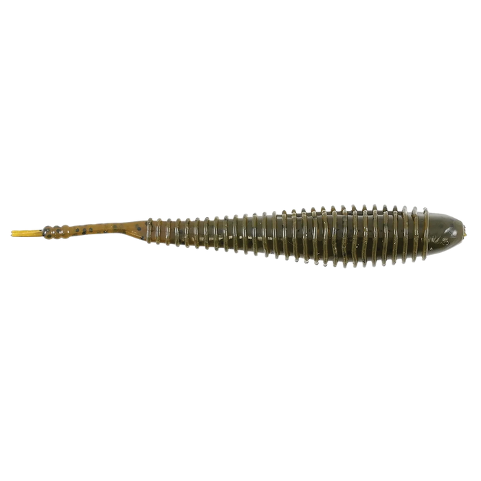 Soft plastic fishing lure in olive green with ribbed body and tapered tail, designed for use as a Missile Baits Spunk Shad fishing tackle.