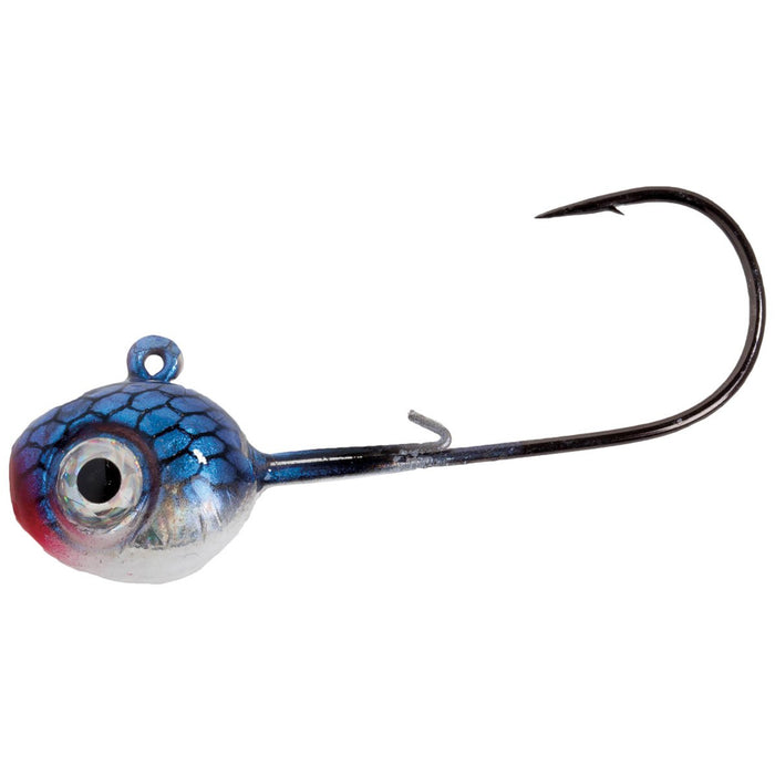 Mission Tackle Slayer Walleye Jig featuring a detailed blue and silver textured jig head with a red accent near the eye and a sharp curved fishing hook designed for fishing tackle usage.