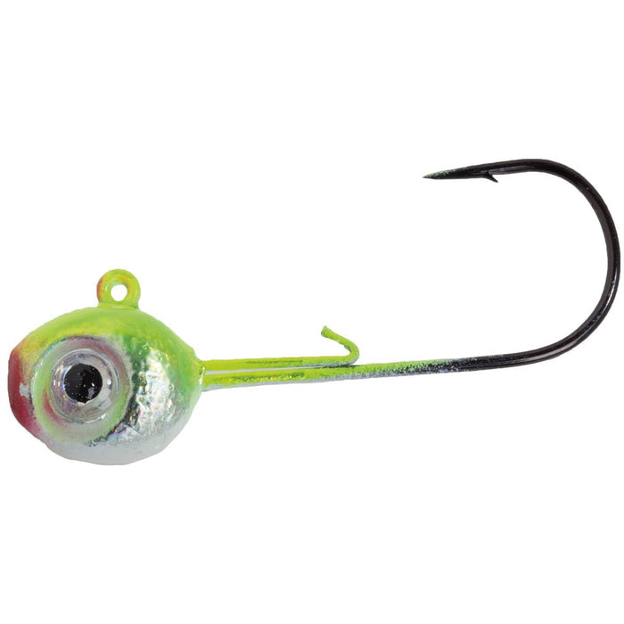 Mission Tackle Slayer Walleye Jig with a round, reflective green and silver head, large eye detail, and a sharp black hook designed for fishing tackle use.