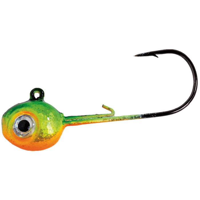 Mission Tackle Slayer Walleye Jig fishing lure with a colorful green and orange weighted head featuring a realistic eye and a sharp curved hook designed for effective walleye fishing.