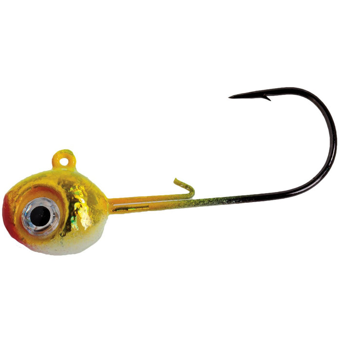 Mission Tackle Slayer Walleye Jig featuring a gold and red jig head with a large realistic eye and a sharp black fishing hook designed for effective fishing tackle use.
