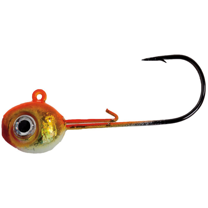 Mission Tackle Slayer Walleye Jig featuring a detailed jighead with realistic eye in orange and gold hues attached to a sharp black fishing hook, designed for effective fishing tackle use.