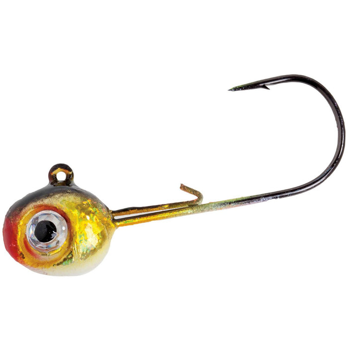Mission Tackle Slayer Walleye Jig fishing lure with a detailed yellow and red jig head, large realistic eye, and sharp black hook designed for effective fishing tackle use.